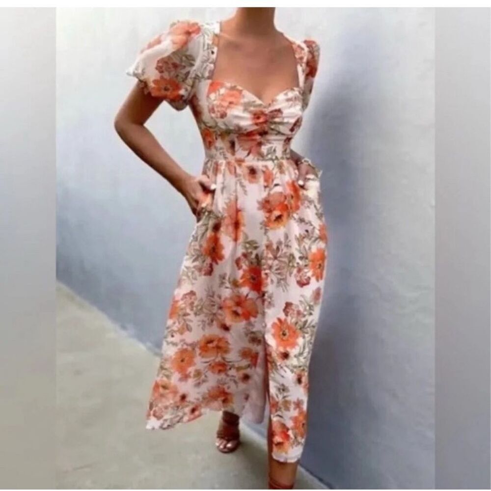 Seven Wonders Orange Cream Lizbeth Floral Sweetheart Neck Midi Dress Size 6